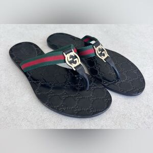 Gucci GG Logo Web Stripe Thong Sandals Black Flat Flip Flop Slide EU 37 US 7